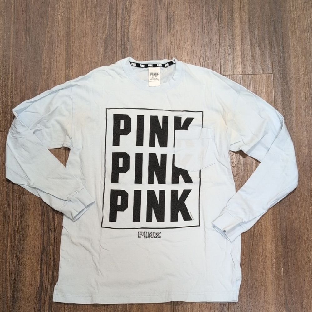 Victoria's Secret Pink Oversized Long Sleeve Tee - Light Blue with Black Print